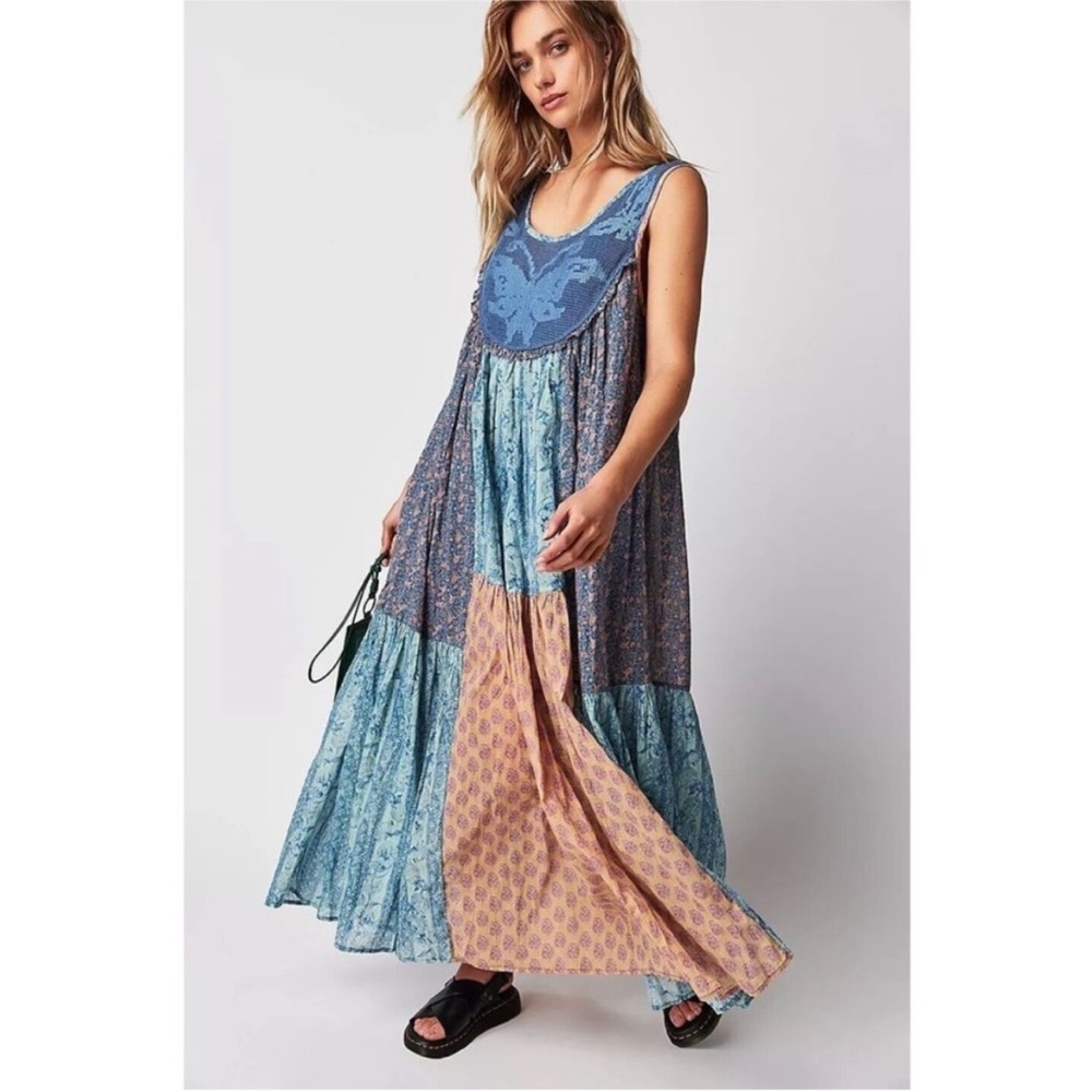Free People Patchwork Maxi Dress in Blue and Peach
